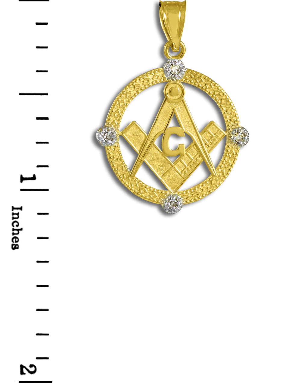 Solid Gold Freemason Diamond Square & Compass Round Beaded Pendant Necklace, view 4