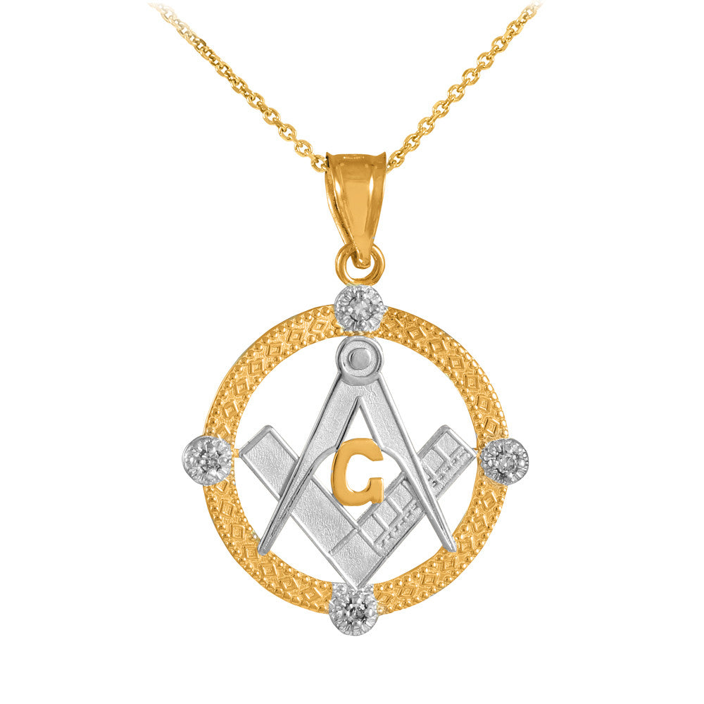 Solid Gold Freemason Diamond Square & Compass Round Beaded Pendant Necklace, view 7