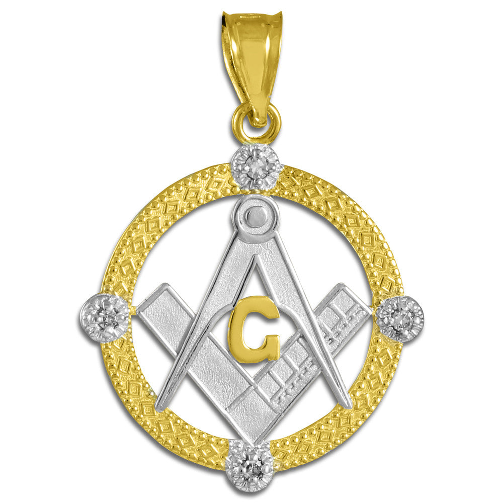 Solid Gold Freemason Diamond Square & Compass Round Beaded Pendant Necklace, view 8