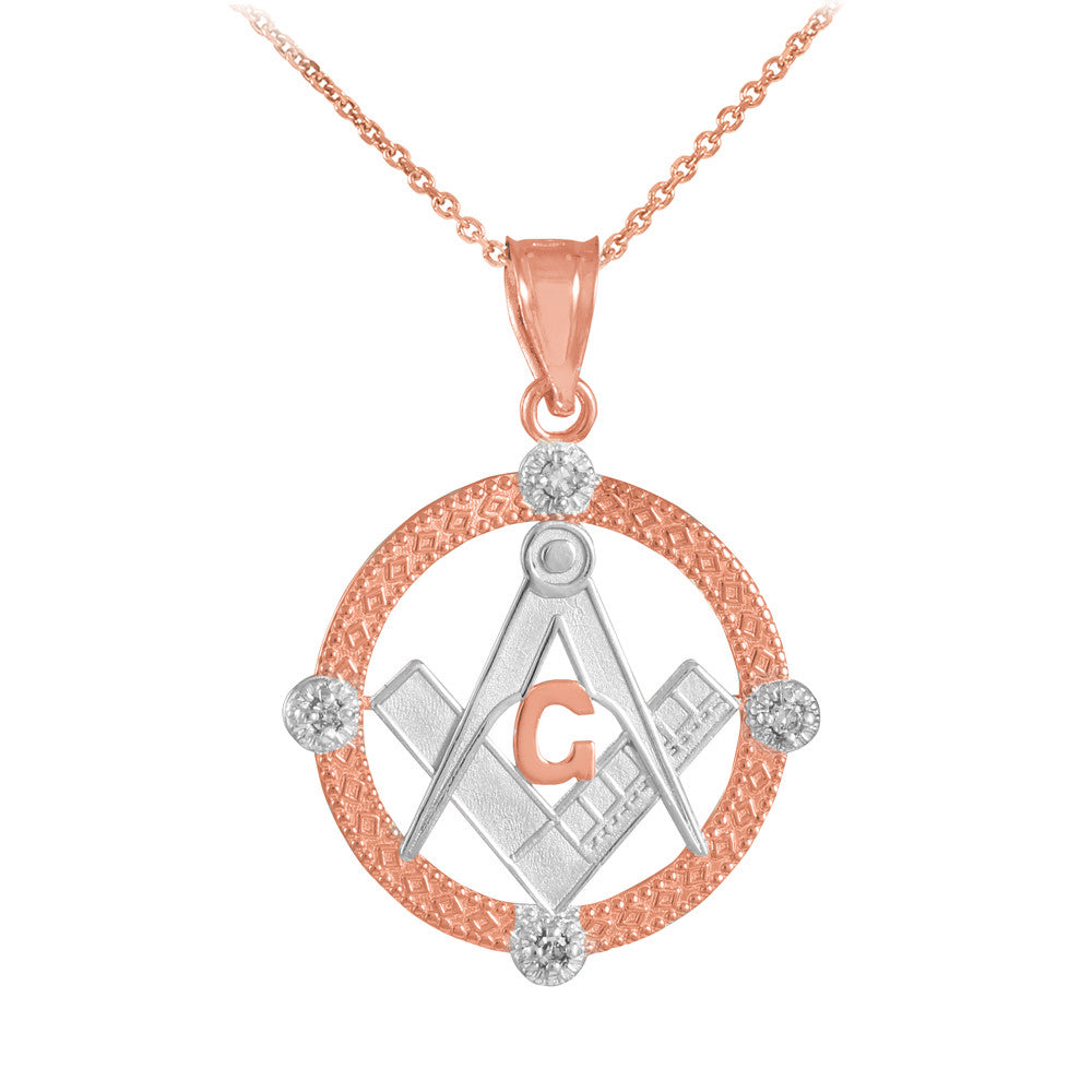 Solid Gold Freemason Diamond Square & Compass Round Beaded Pendant Necklace, view 9