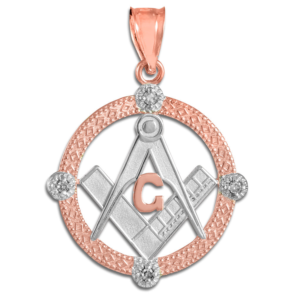 Solid Gold Freemason Diamond Square & Compass Round Beaded Pendant Necklace, view 10