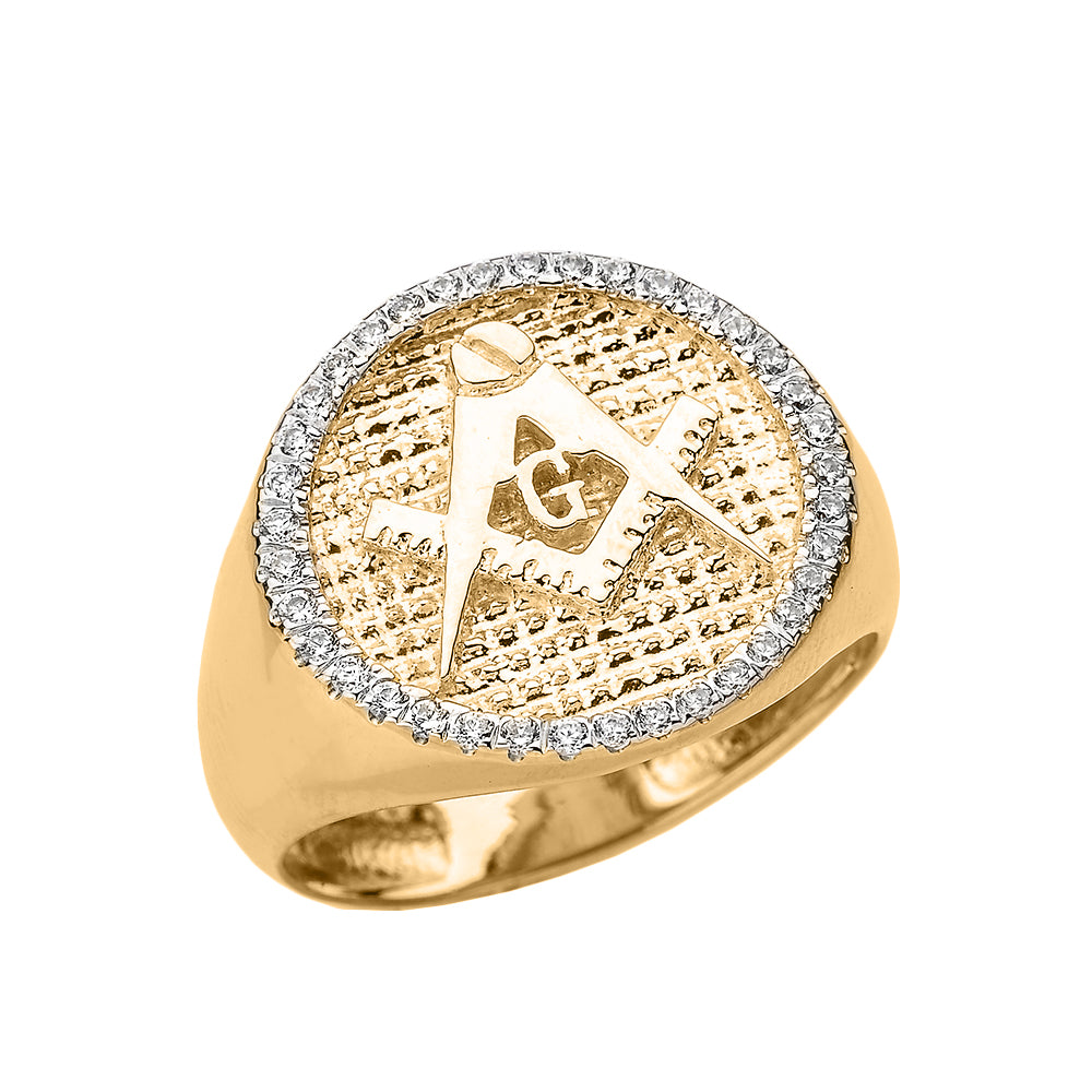 Solid Gold Freemason Diamond Square & Compass Round Beaded Signet Ring