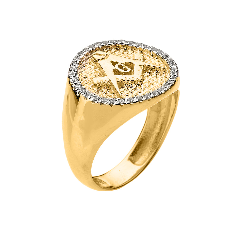 Solid Gold Freemason Diamond Square & Compass Round Beaded Signet Ring, view 2