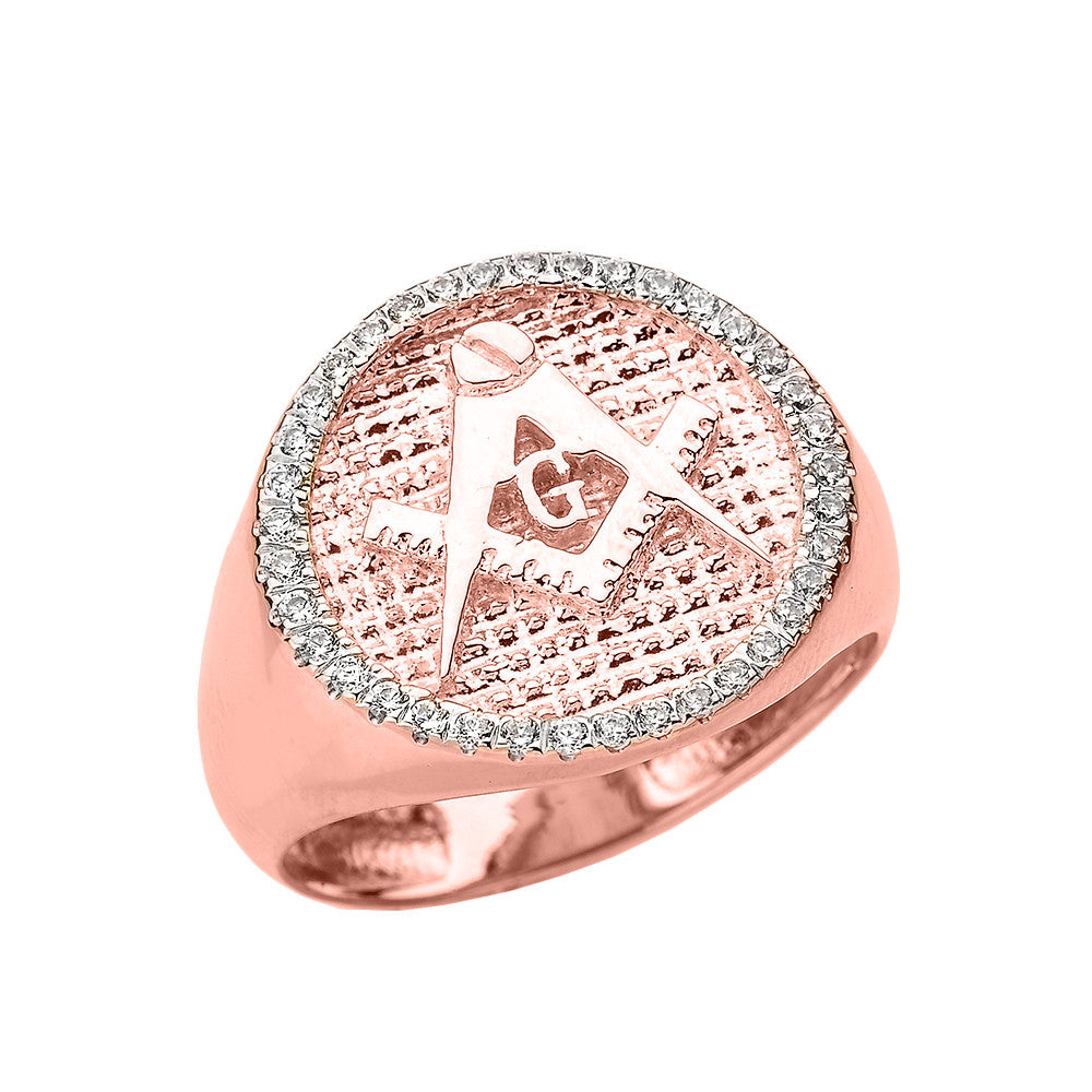 Solid Gold Freemason Diamond Square & Compass Round Beaded Signet Ring, view 3