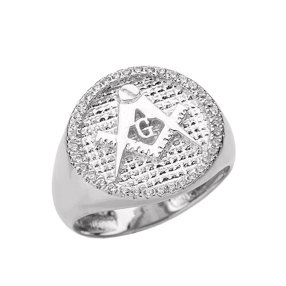 Solid Gold Freemason Diamond Square & Compass Round Beaded Signet Ring, view 4