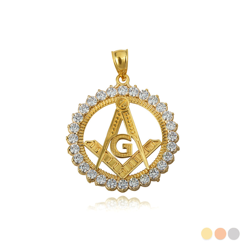 Solid Gold Freemason Square & Compass CZ Circle Pendant Necklace