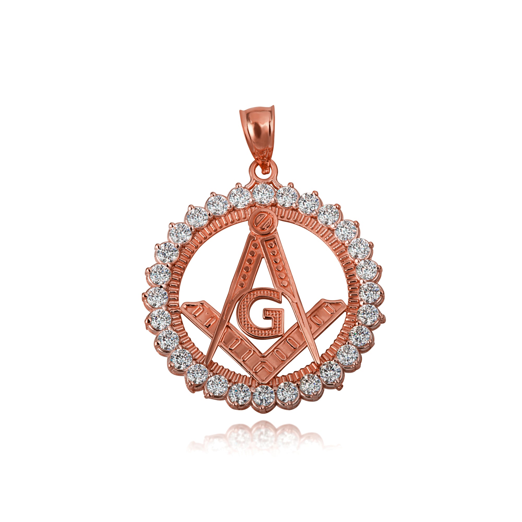Solid Gold Freemason Square & Compass CZ Circle Pendant Necklace, view 2
