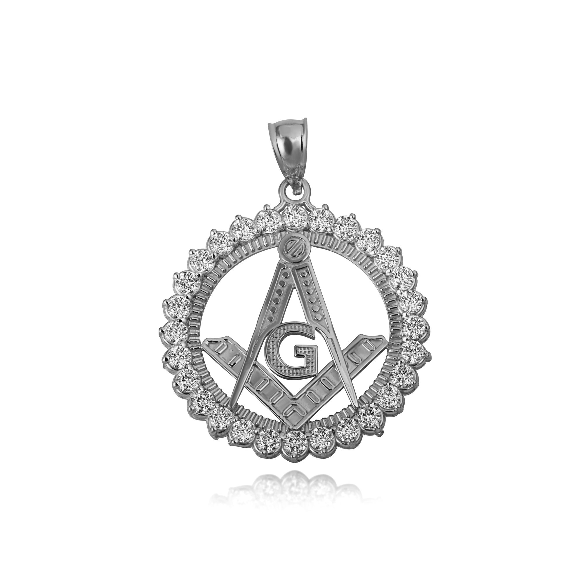 Solid Gold Freemason Square & Compass CZ Circle Pendant Necklace, view 3