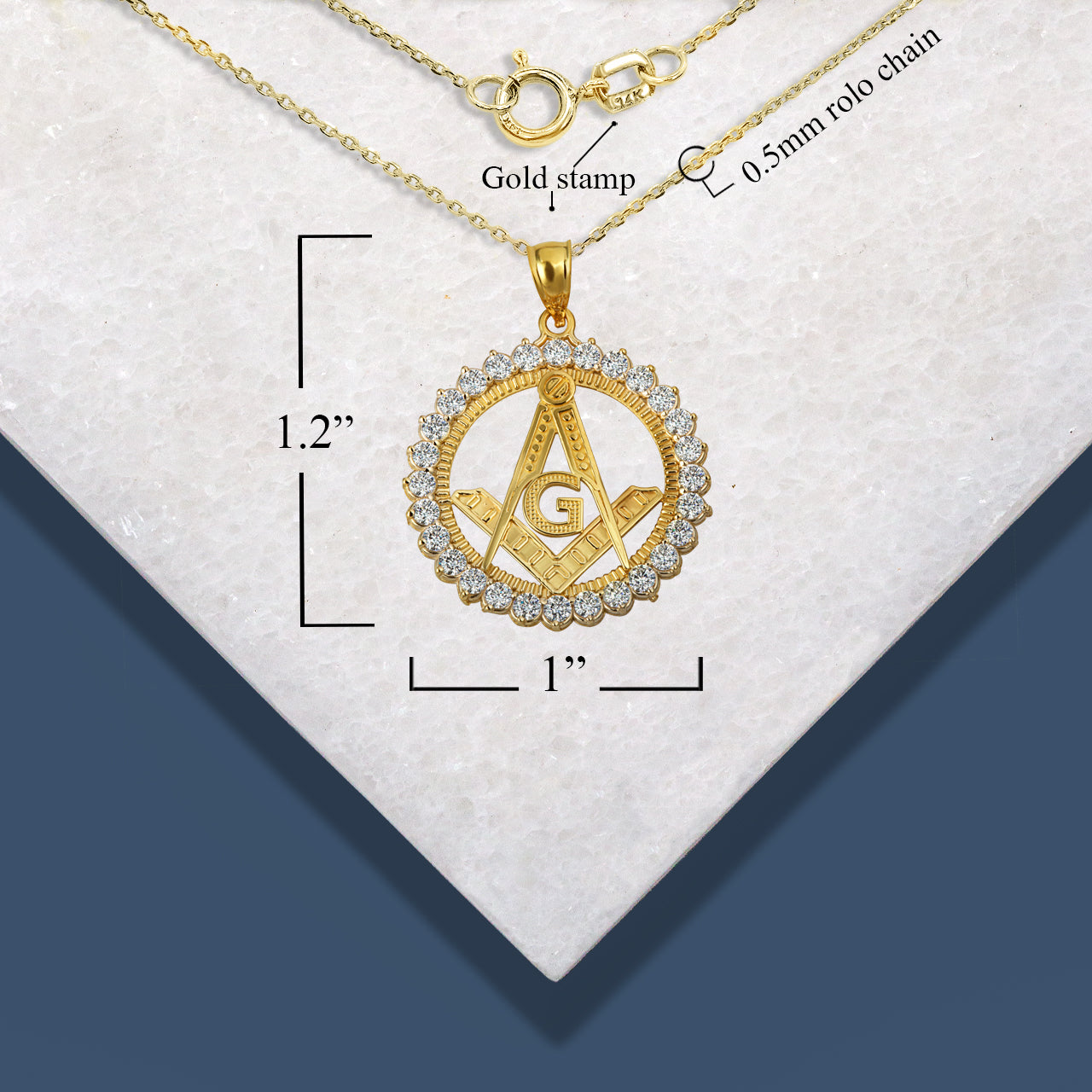 Solid Gold Freemason Square & Compass CZ Circle Pendant Necklace, view 5