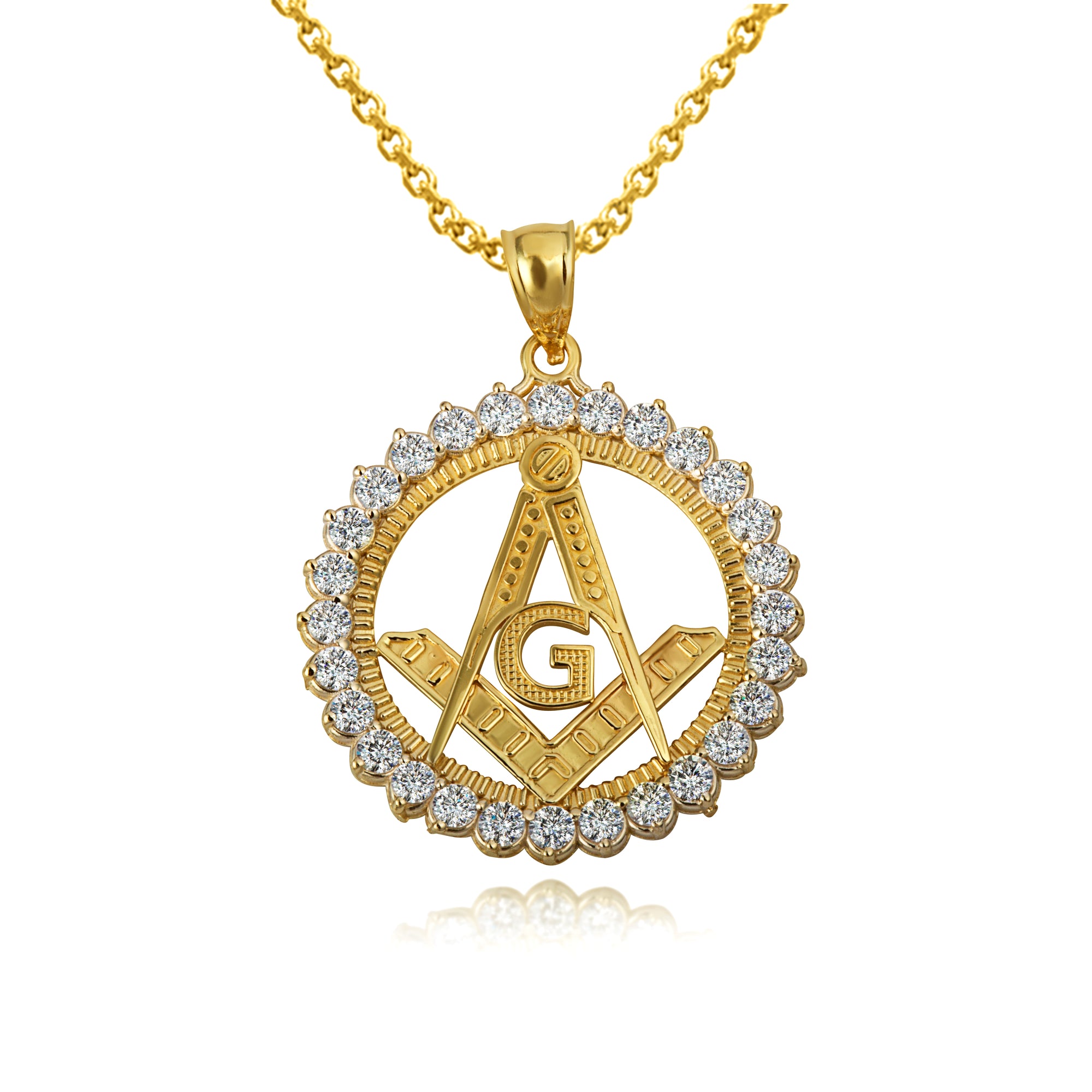 Solid Gold Freemason Square & Compass CZ Circle Pendant Necklace, view 6