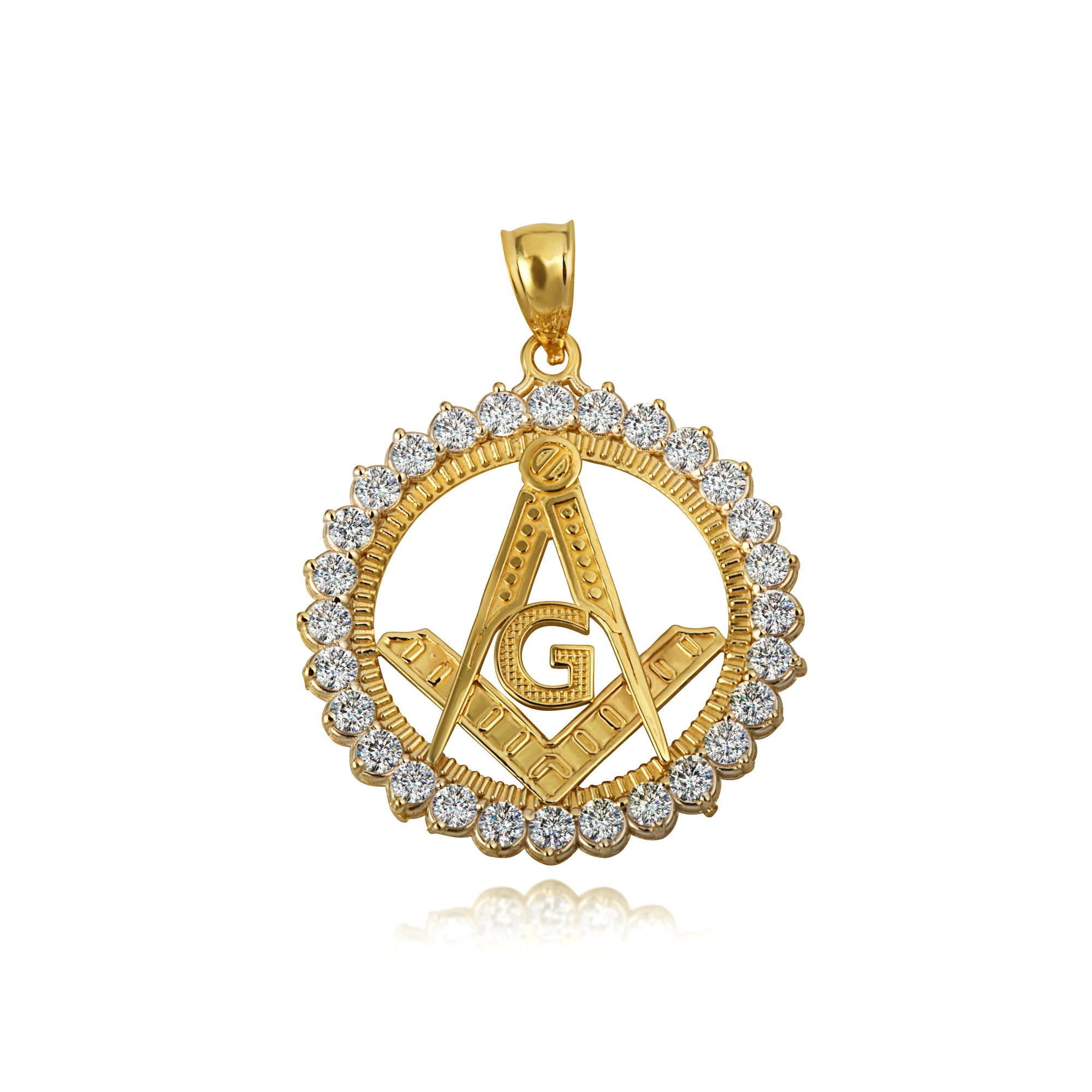 Solid Gold Freemason Square & Compass CZ Circle Pendant Necklace, view 7