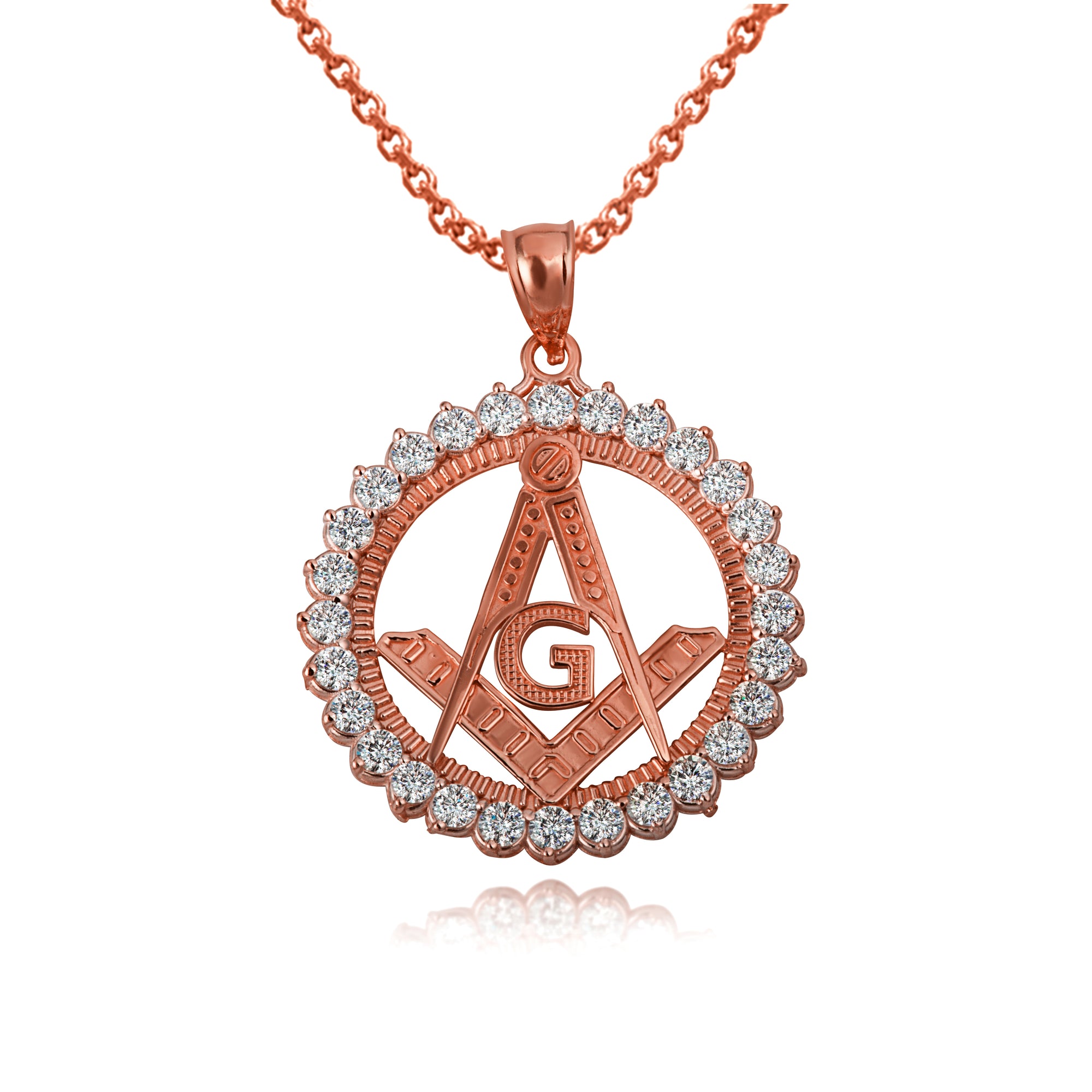 Solid Gold Freemason Square & Compass CZ Circle Pendant Necklace, view 8