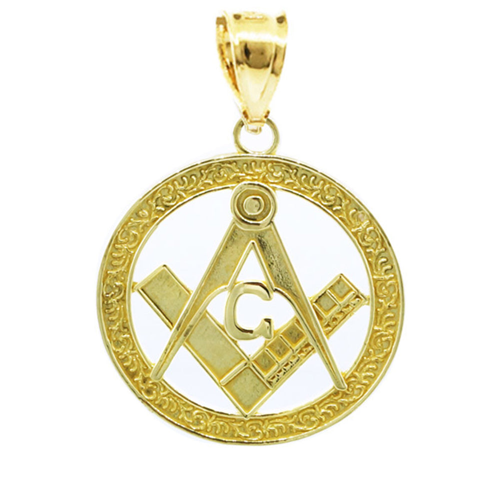 Solid Gold Freemason Square & Compass Round Filigree Pendant Necklace (1"), view 2