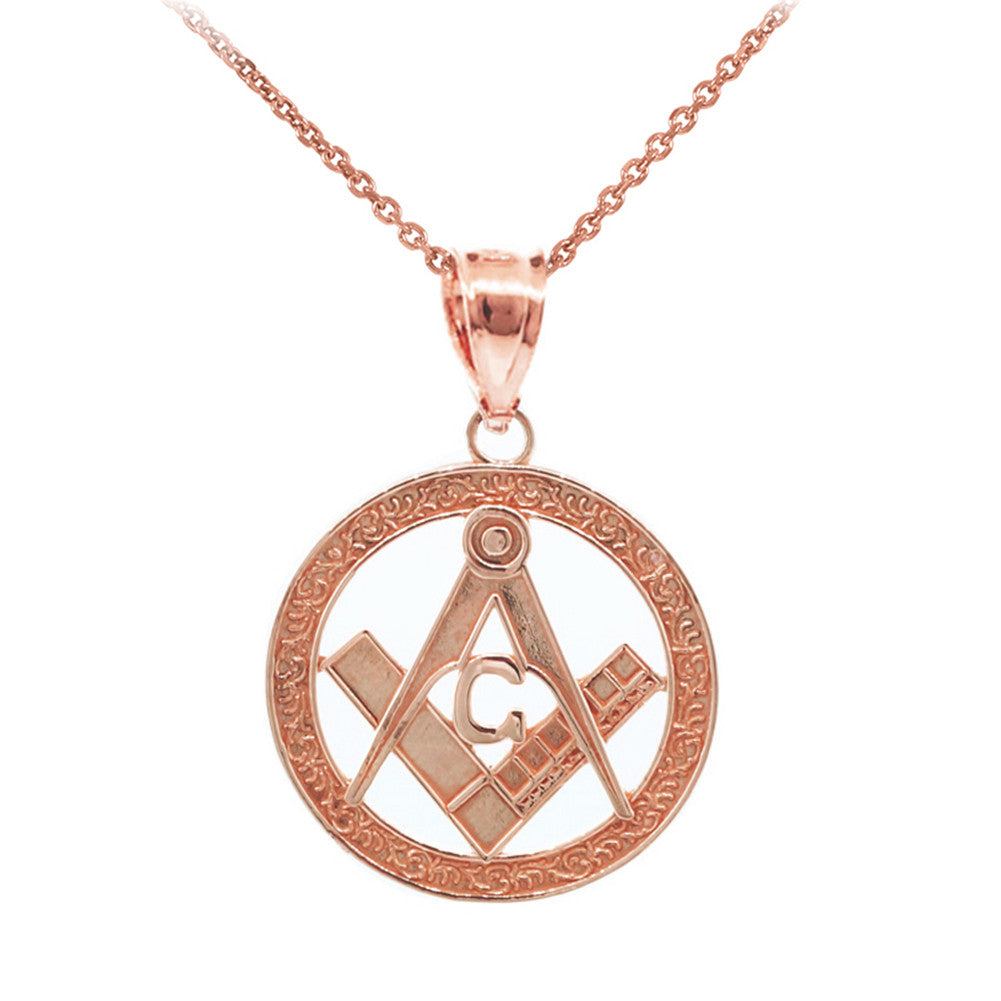 Solid Gold Freemason Square & Compass Round Filigree Pendant Necklace (1"), view 3