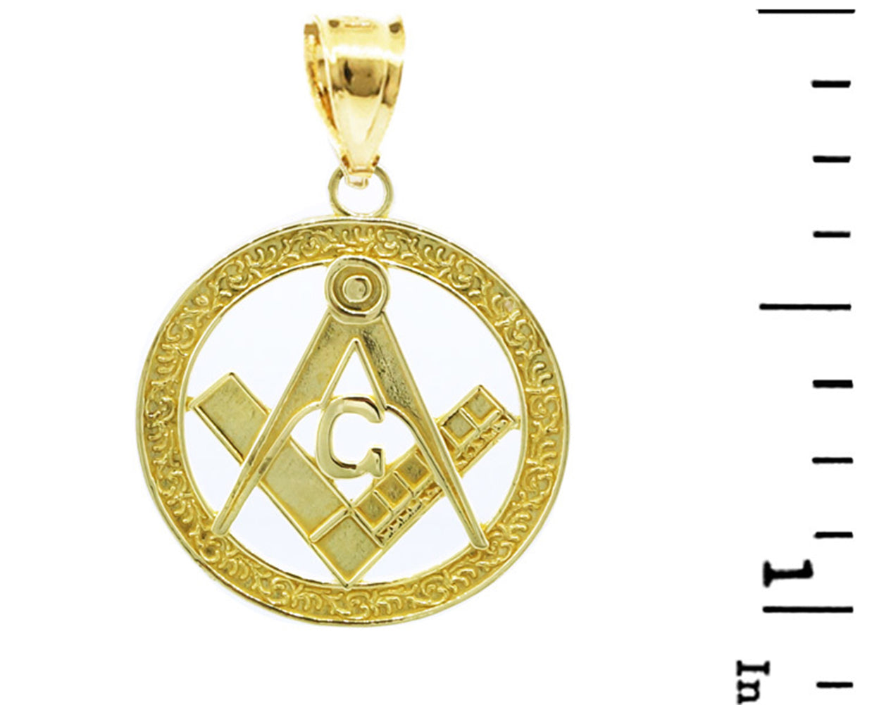 Solid Gold Freemason Square & Compass Round Filigree Pendant Necklace (1"), view 5