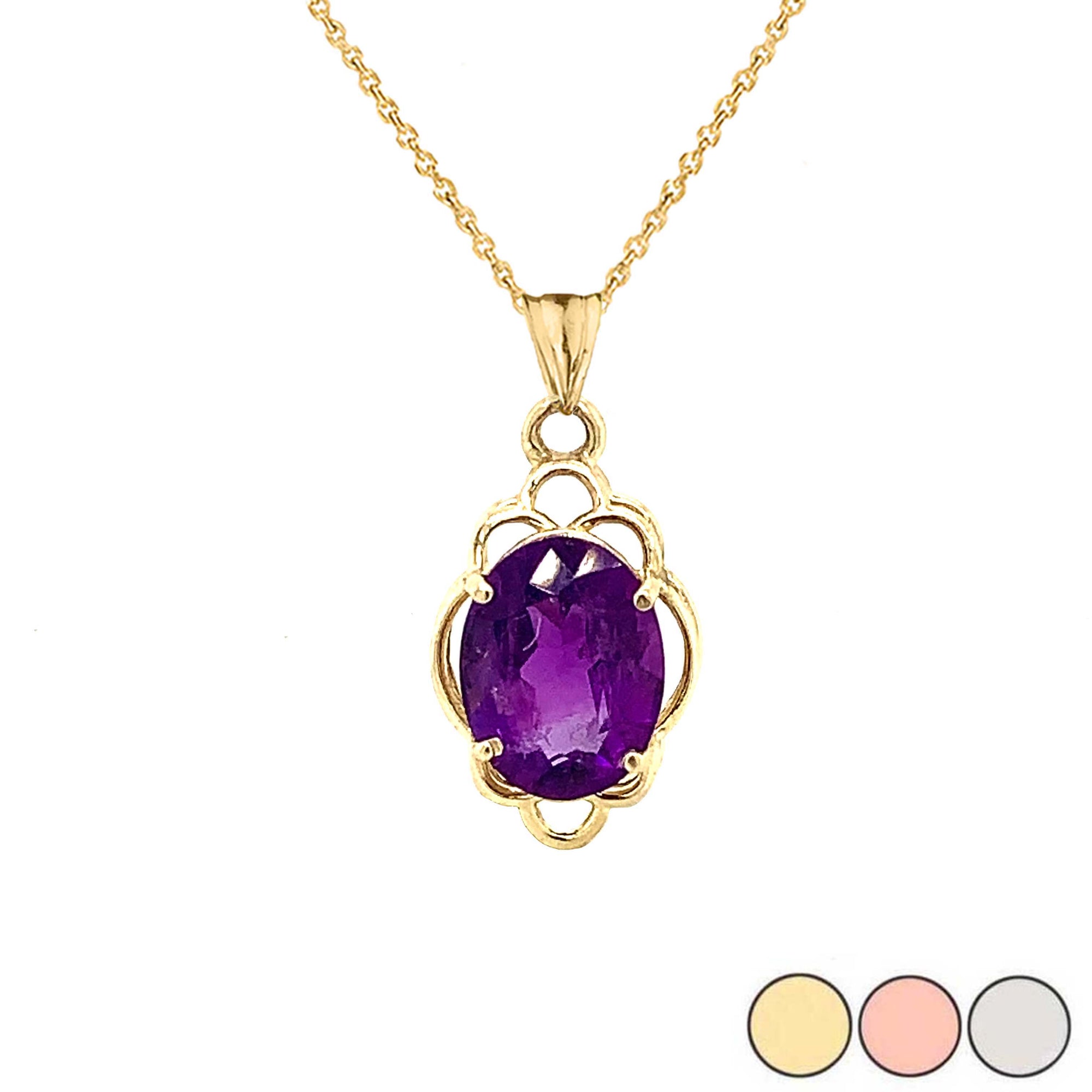 Solid Gold Genuine Amethyst Oval-Shaped Clover Pendant Necklace