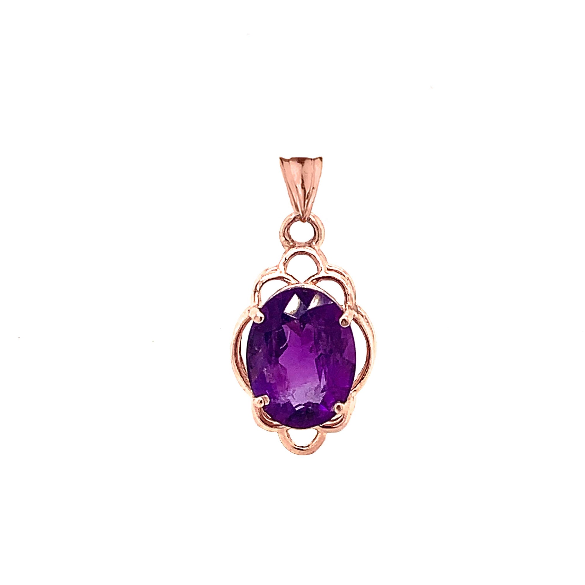Solid Gold Genuine Amethyst Oval-Shaped Clover Pendant Necklace, view 4
