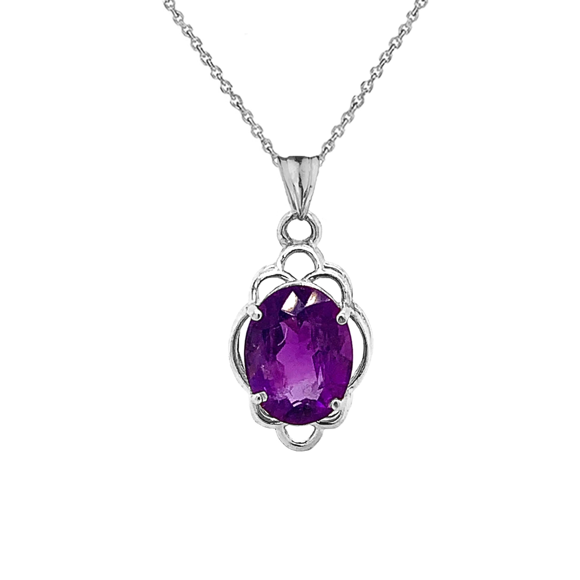 Solid Gold Genuine Amethyst Oval-Shaped Clover Pendant Necklace, view 5