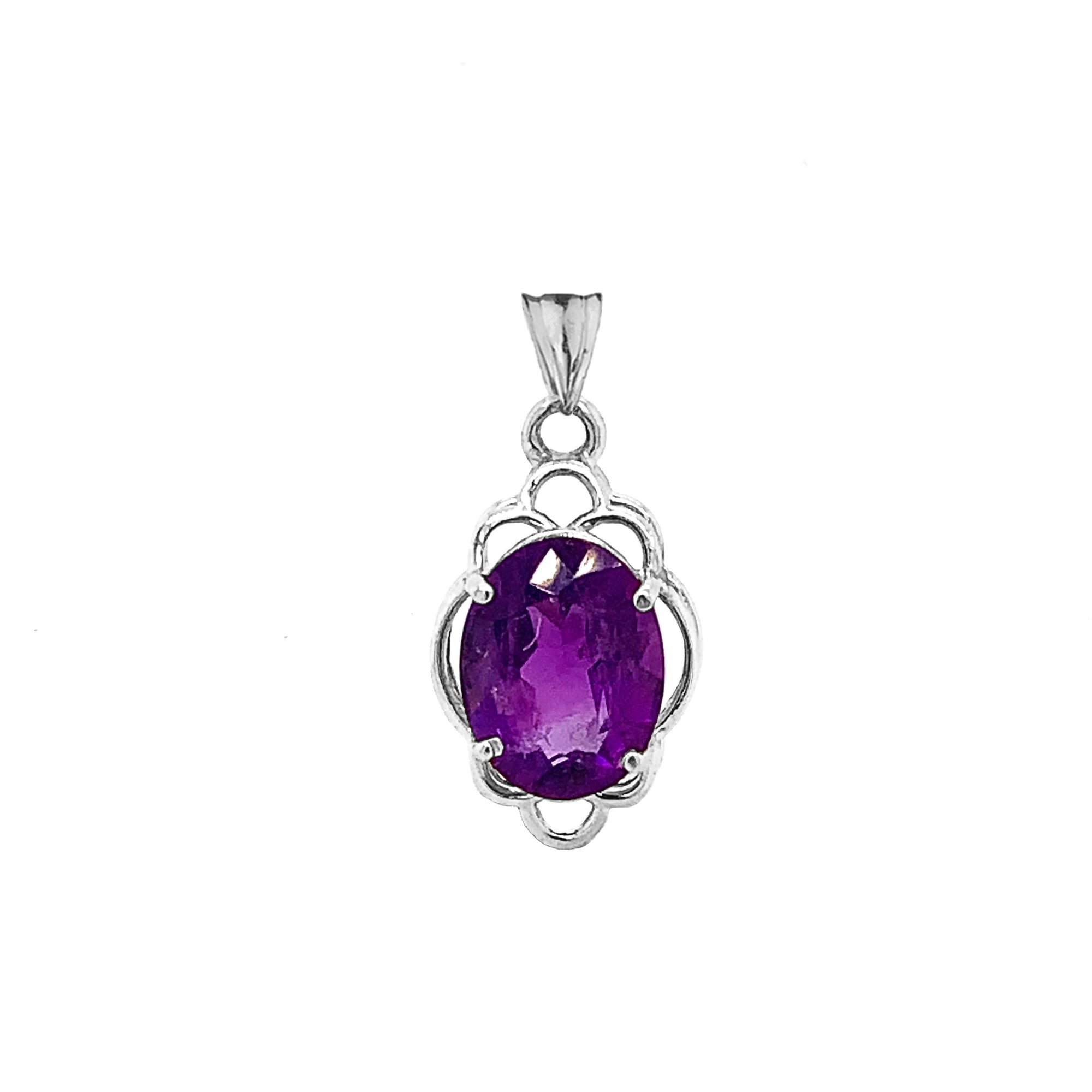 Solid Gold Genuine Amethyst Oval-Shaped Clover Pendant Necklace, view 6