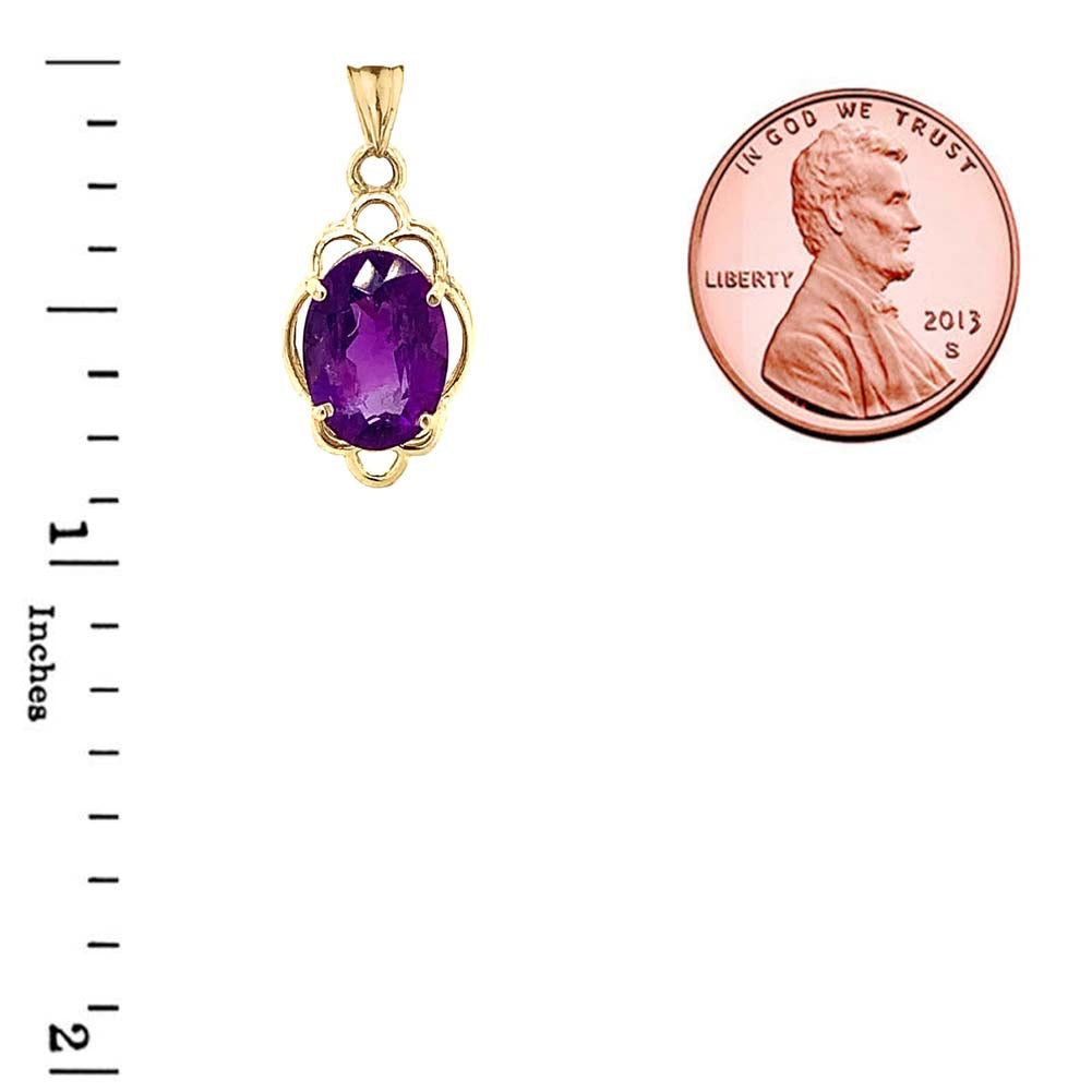 Solid Gold Genuine Amethyst Oval-Shaped Clover Pendant Necklace, view 7