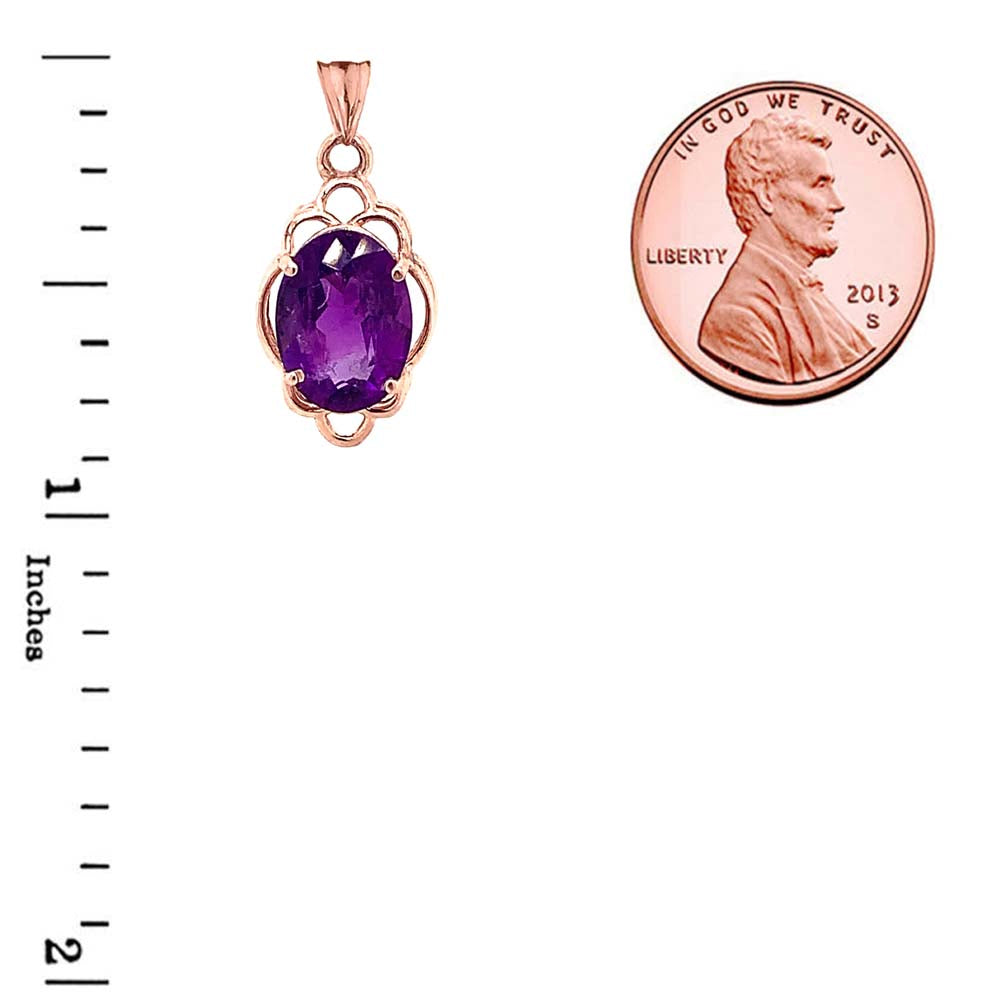 Solid Gold Genuine Amethyst Oval-Shaped Clover Pendant Necklace, view 8