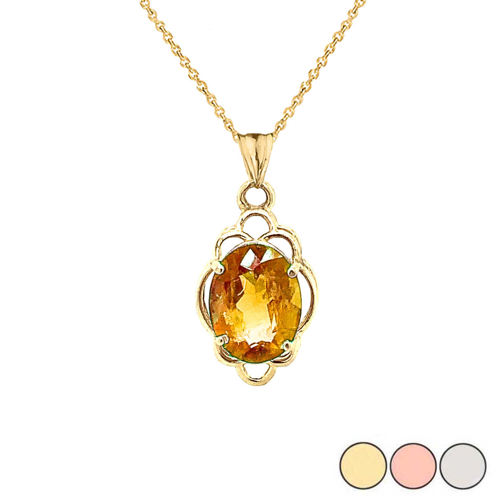 Solid Gold Genuine Citrine Oval-Shaped Clover Pendant Necklace