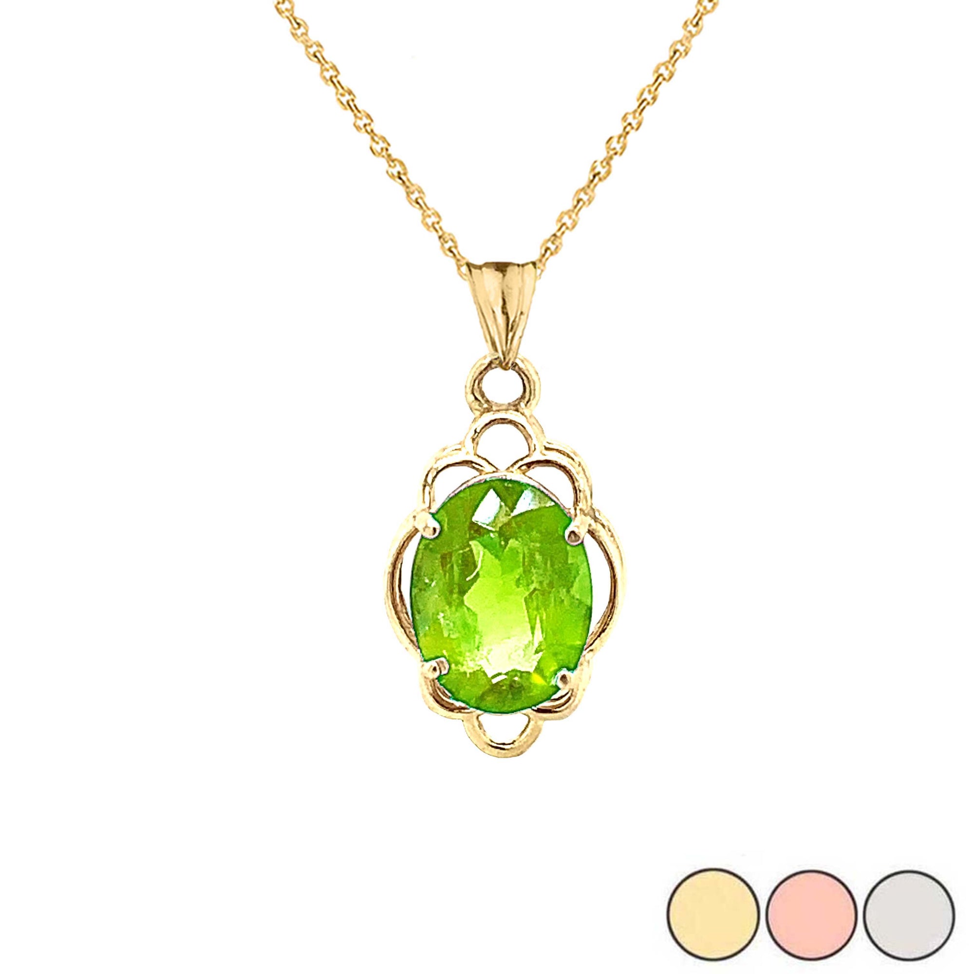 Solid Gold Genuine Peridot Oval-Shaped Clover Pendant Necklace