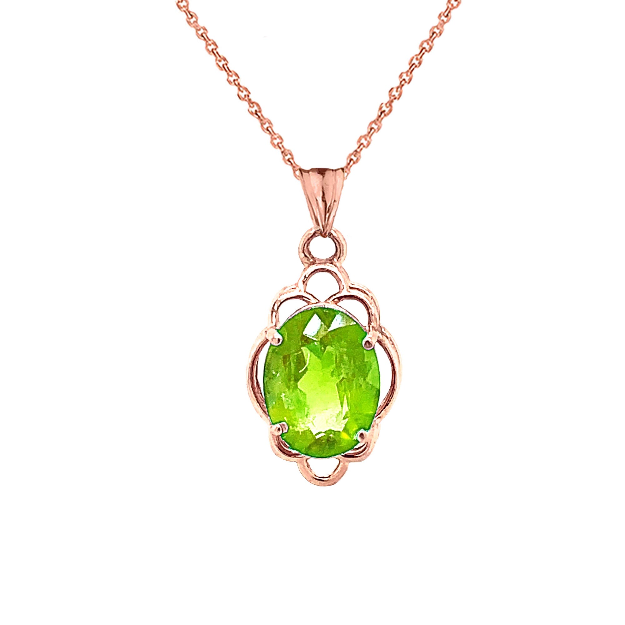 Solid Gold Genuine Peridot Oval-Shaped Clover Pendant Necklace, view 4