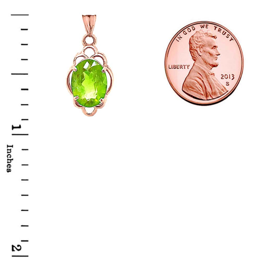 Solid Gold Genuine Peridot Oval-Shaped Clover Pendant Necklace, view 6