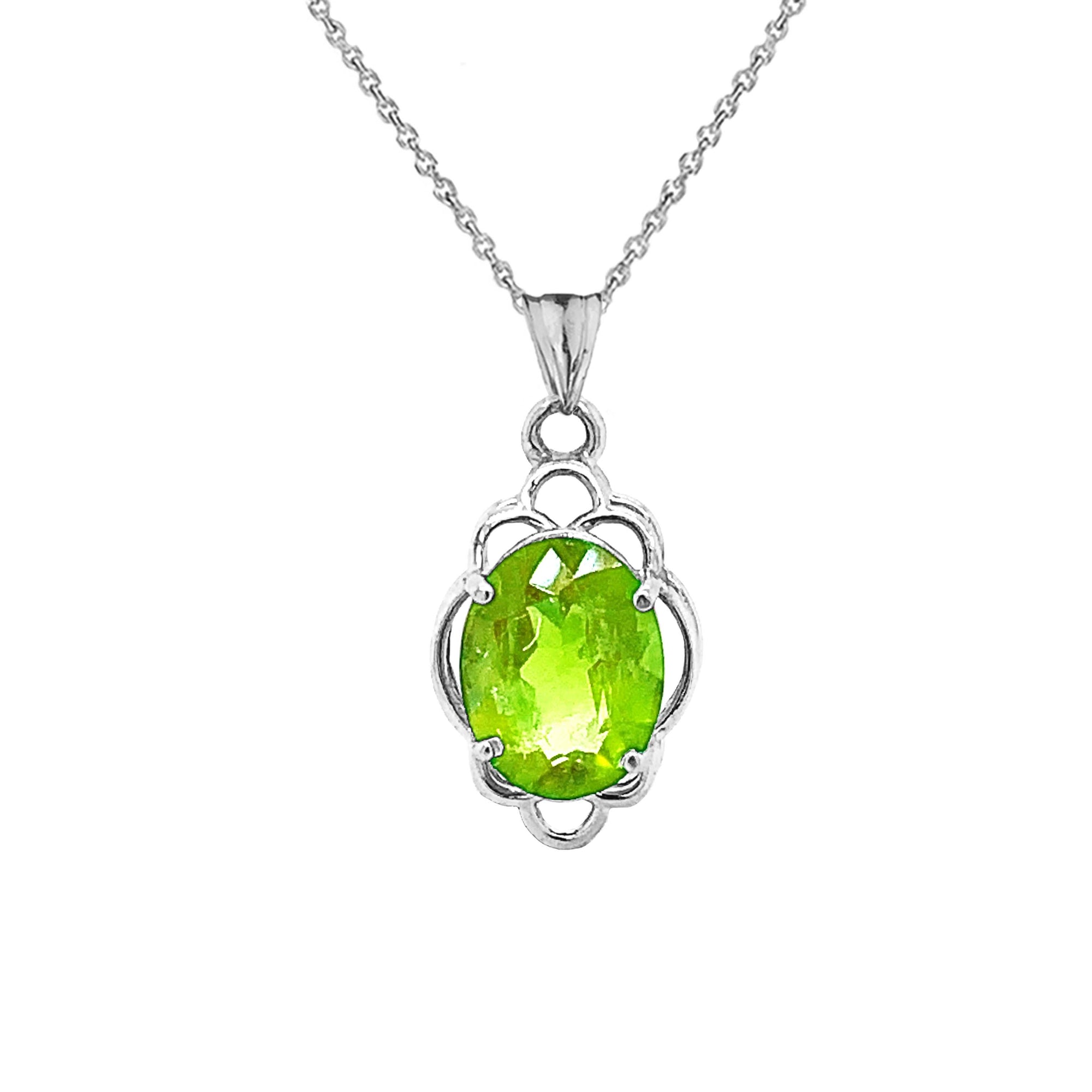 Solid Gold Genuine Peridot Oval-Shaped Clover Pendant Necklace, view 7