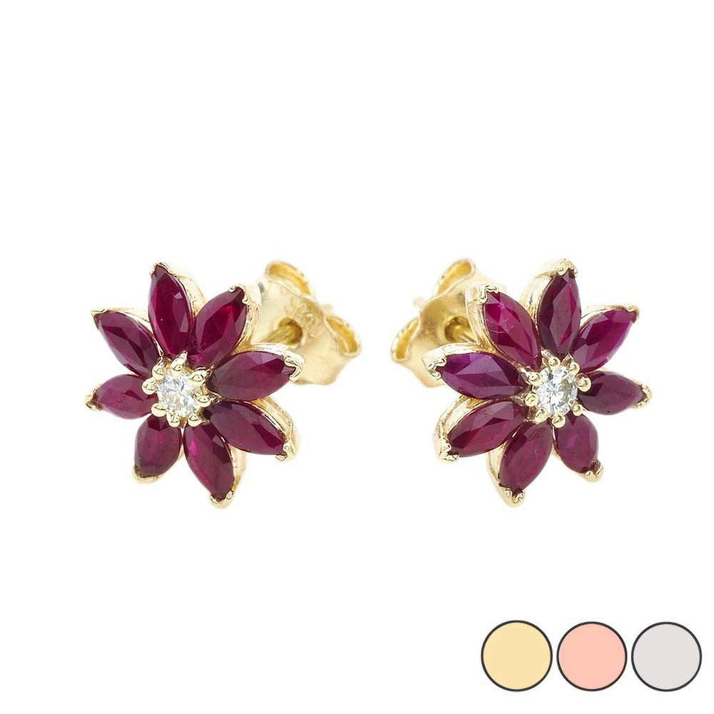 Solid Gold Genuine Ruby and Diamond Daisy Stud Earrings