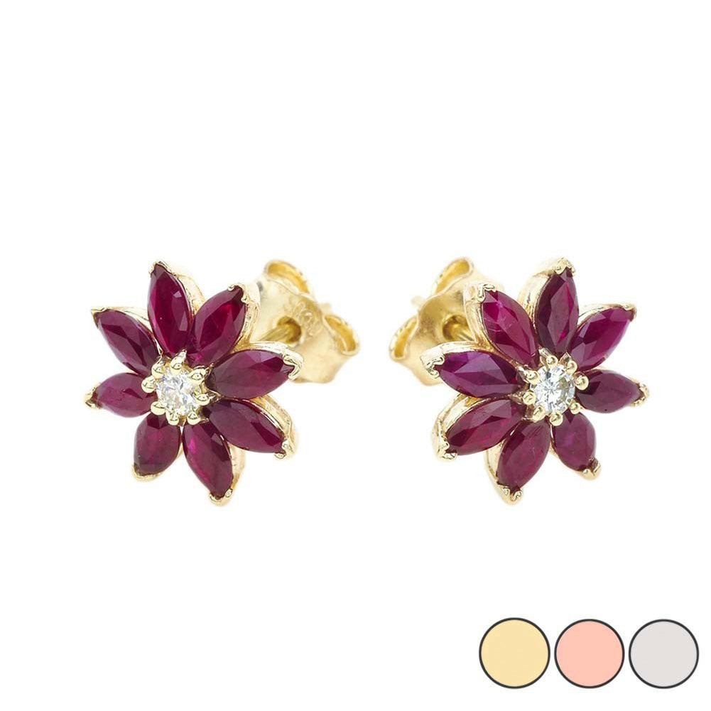 Solid Gold Genuine Ruby and Diamond Daisy Stud Earrings