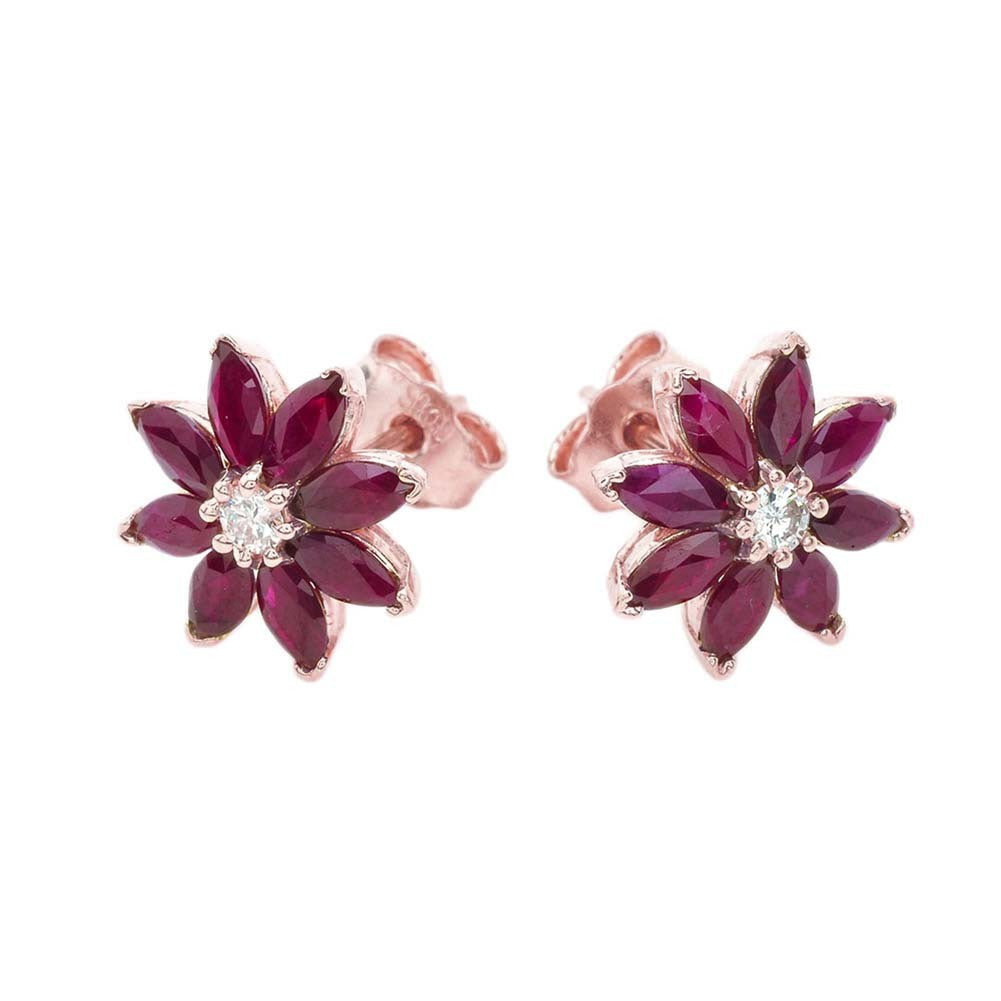 Solid Gold Genuine Ruby and Diamond Daisy Stud Earrings, view 2