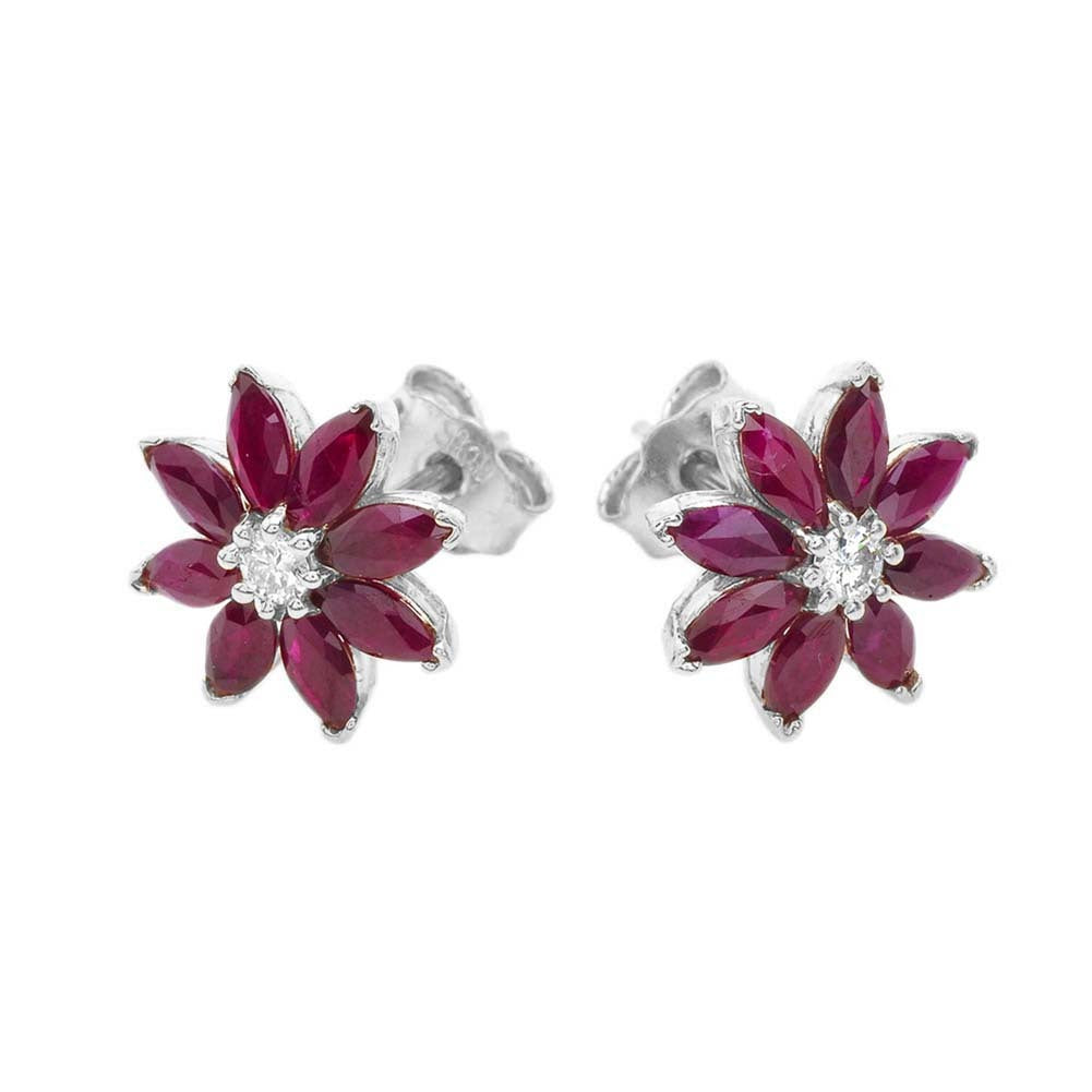 Solid Gold Genuine Ruby and Diamond Daisy Stud Earrings, view 3