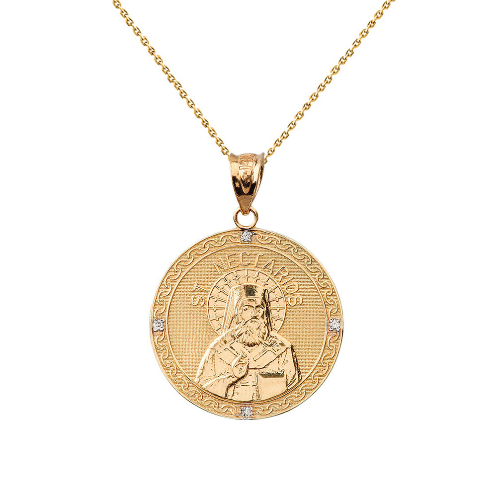 Solid Gold Greek Orthodox Saint Nectarios of Aegina Engravable Diamond Medallion Pendant Necklace 1.01" (25 mm)