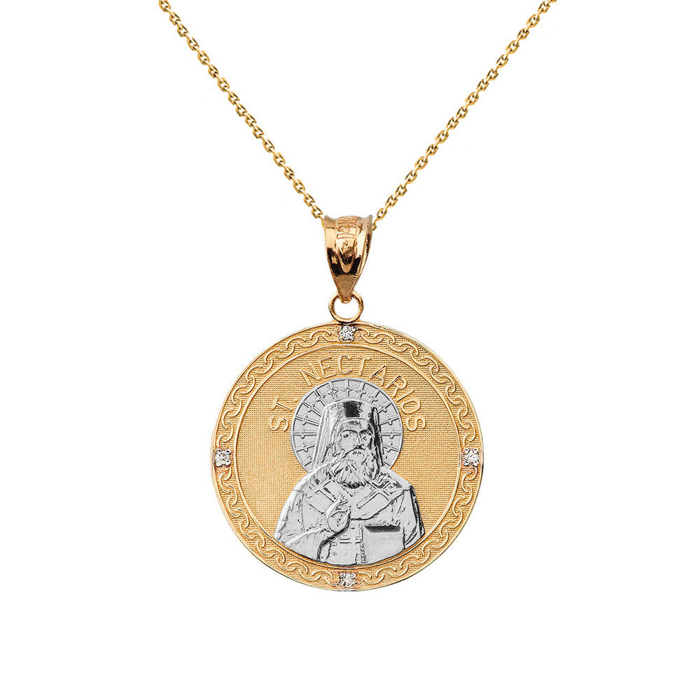 Solid Gold Greek Orthodox Saint Nectarios of Aegina Engravable Diamond Medallion Pendant Necklace 1.01" (25 mm), view 2