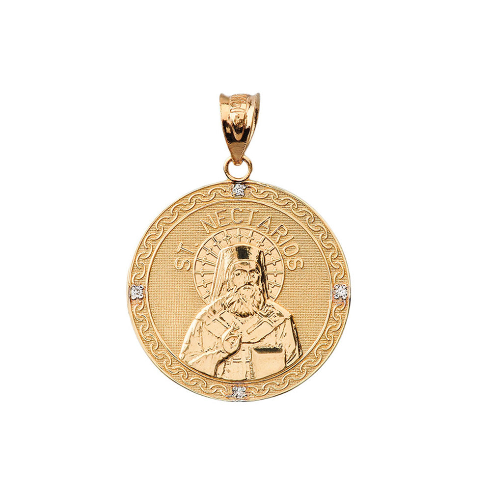 Solid Gold Greek Orthodox Saint Nectarios of Aegina Engravable Diamond Medallion Pendant Necklace 1.01" (25 mm), view 4