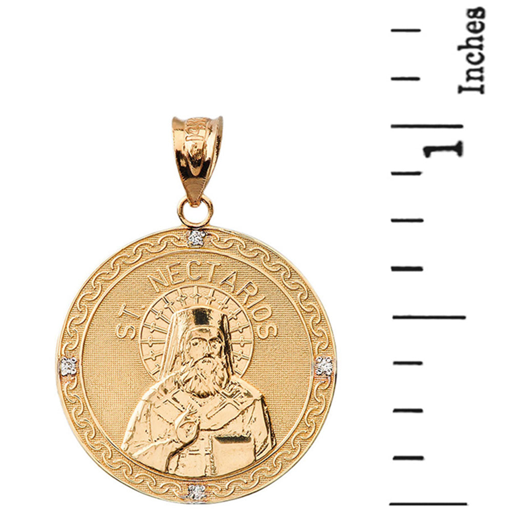 Solid Gold Greek Orthodox Saint Nectarios of Aegina Engravable Diamond Medallion Pendant Necklace 1.01" (25 mm), view 6