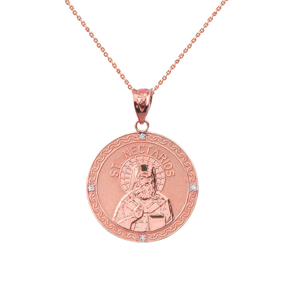 Solid Gold Greek Orthodox Saint Nectarios of Aegina Engravable Diamond Medallion Pendant Necklace 1.01" (25 mm), view 7