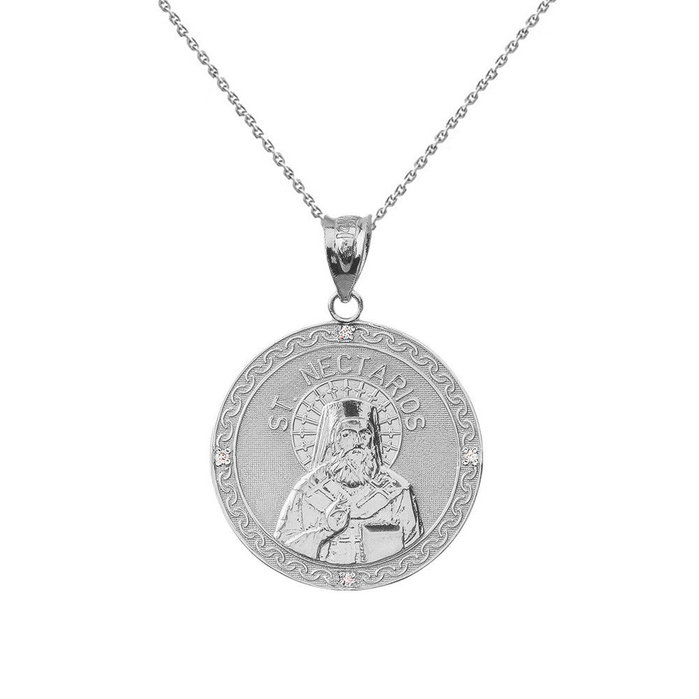 Solid Gold Greek Orthodox Saint Nectarios of Aegina Engravable Diamond Medallion Pendant Necklace 1.01" (25 mm), view 9
