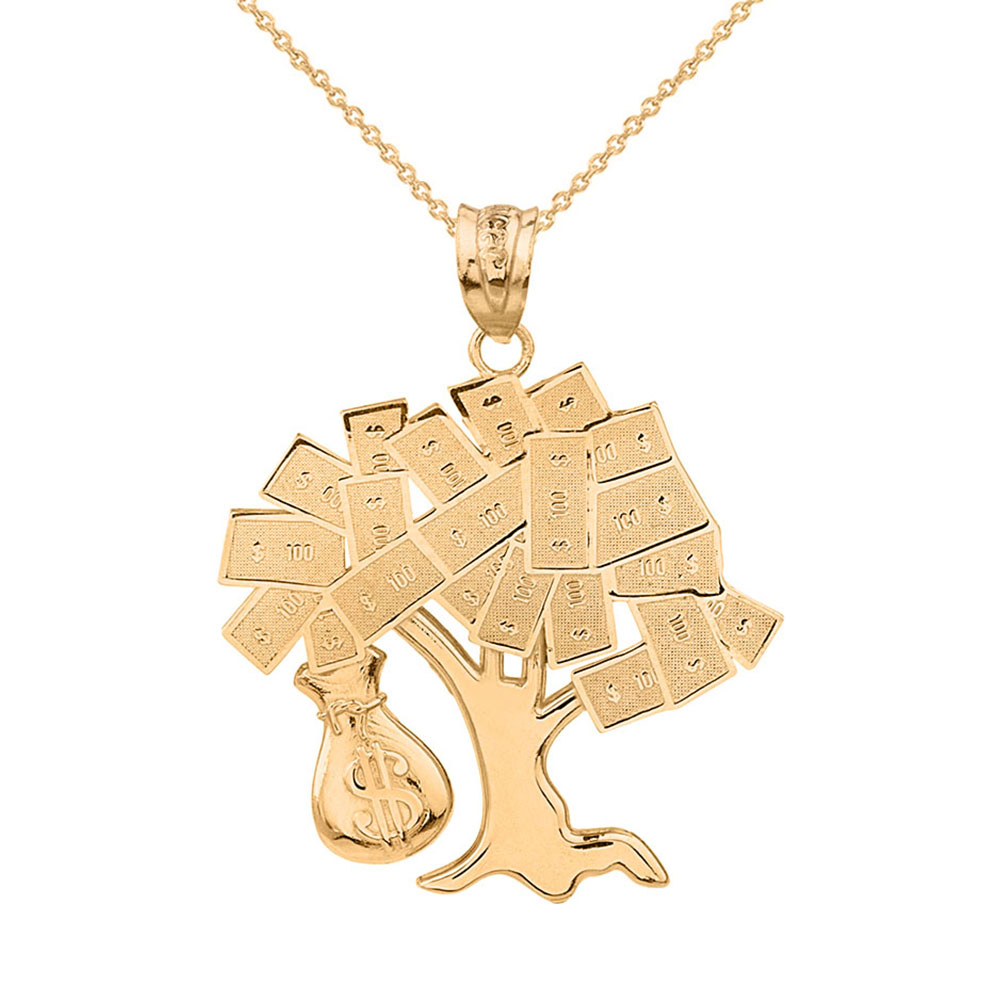 Solid Gold Hip Hop Money Tree Money Bag Pendant Necklace