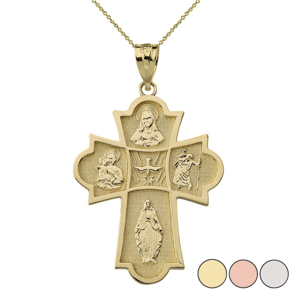 Solid Gold Holy Spirit Four Way Cross Pendant Necklace