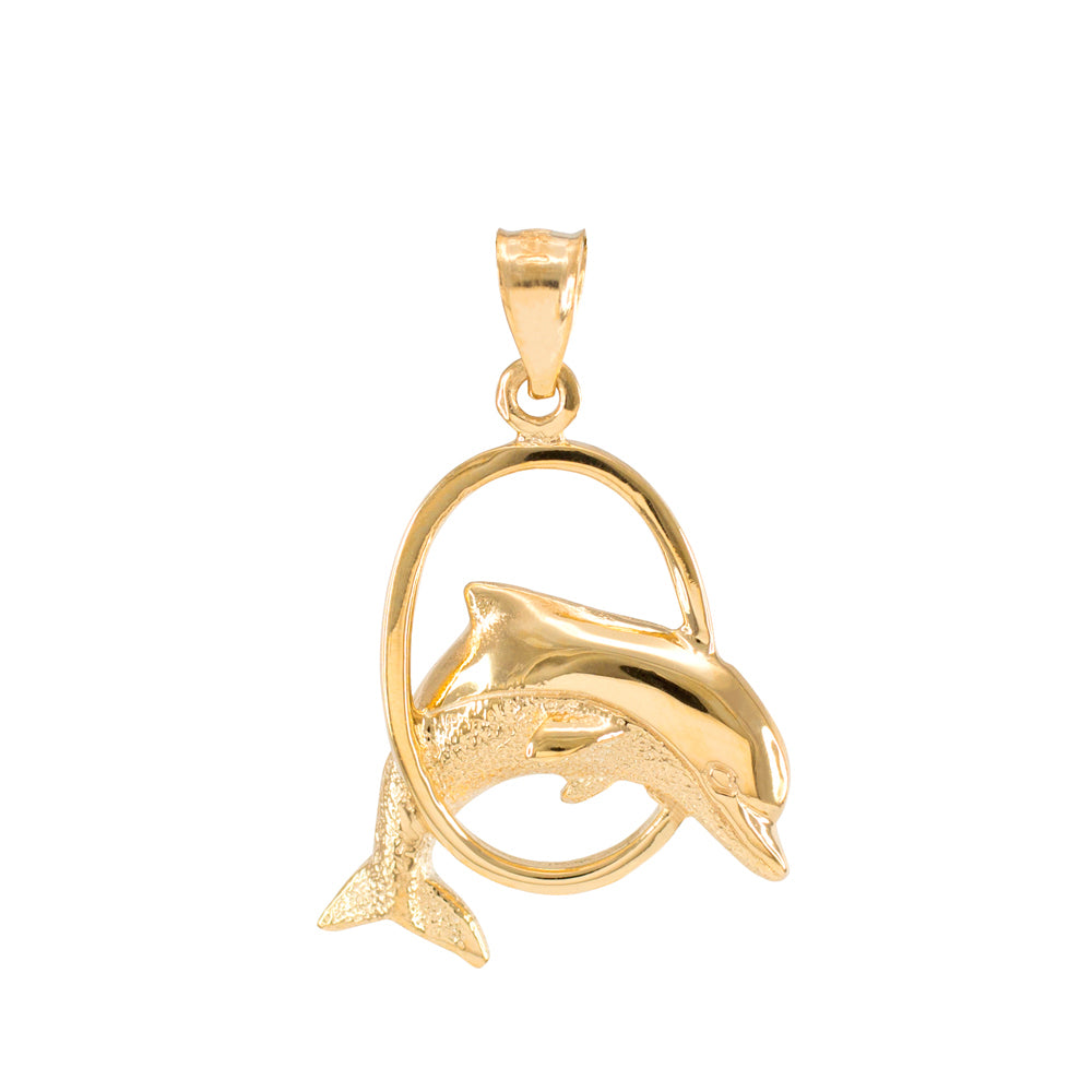 Solid Gold Hoop Jumping Dolphin Pendant Necklace, view 2