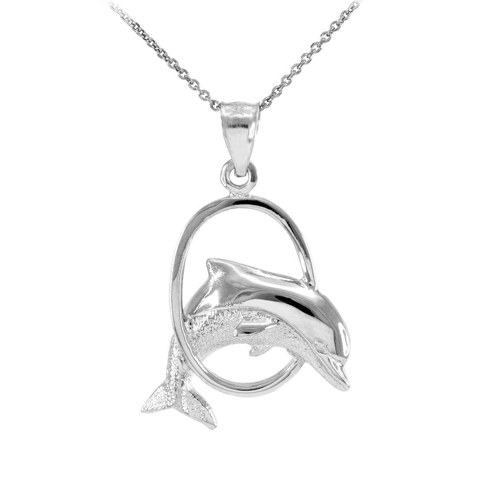 Solid Gold Hoop Jumping Dolphin Pendant Necklace, view 4