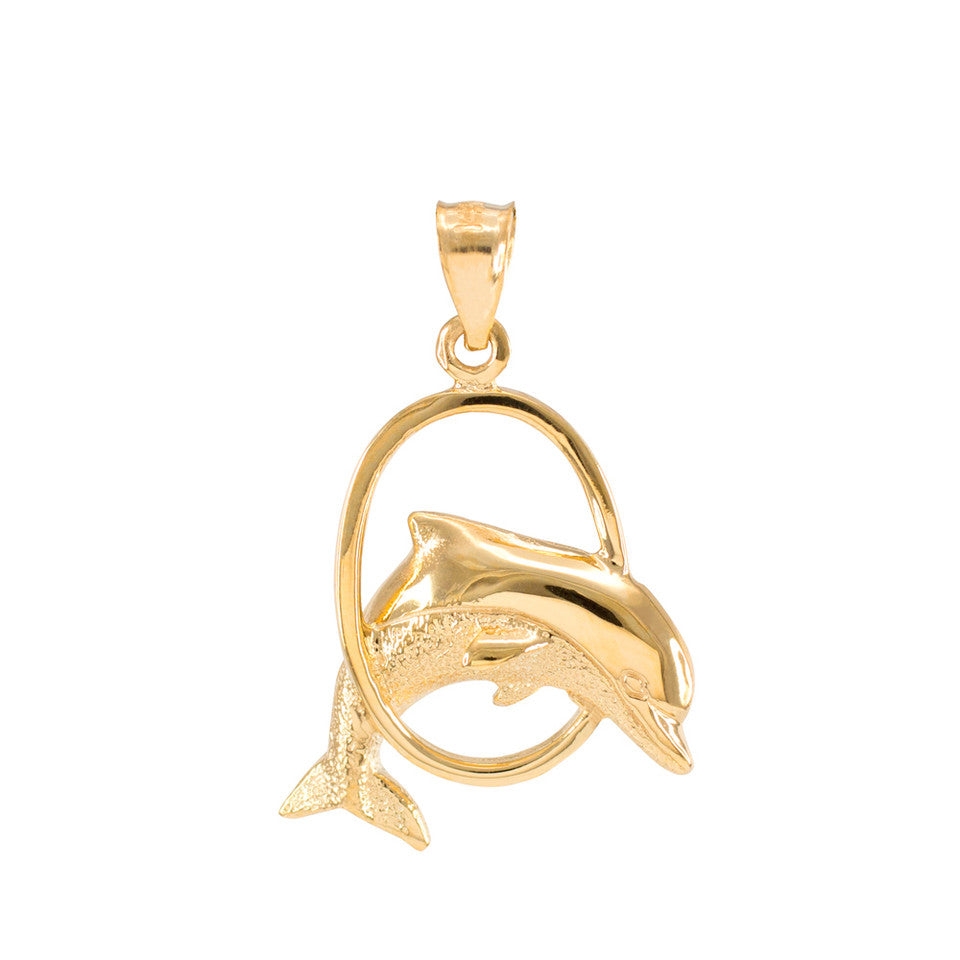 Solid Gold Hoop Jumping Dolphin Pendant Necklace, view 7
