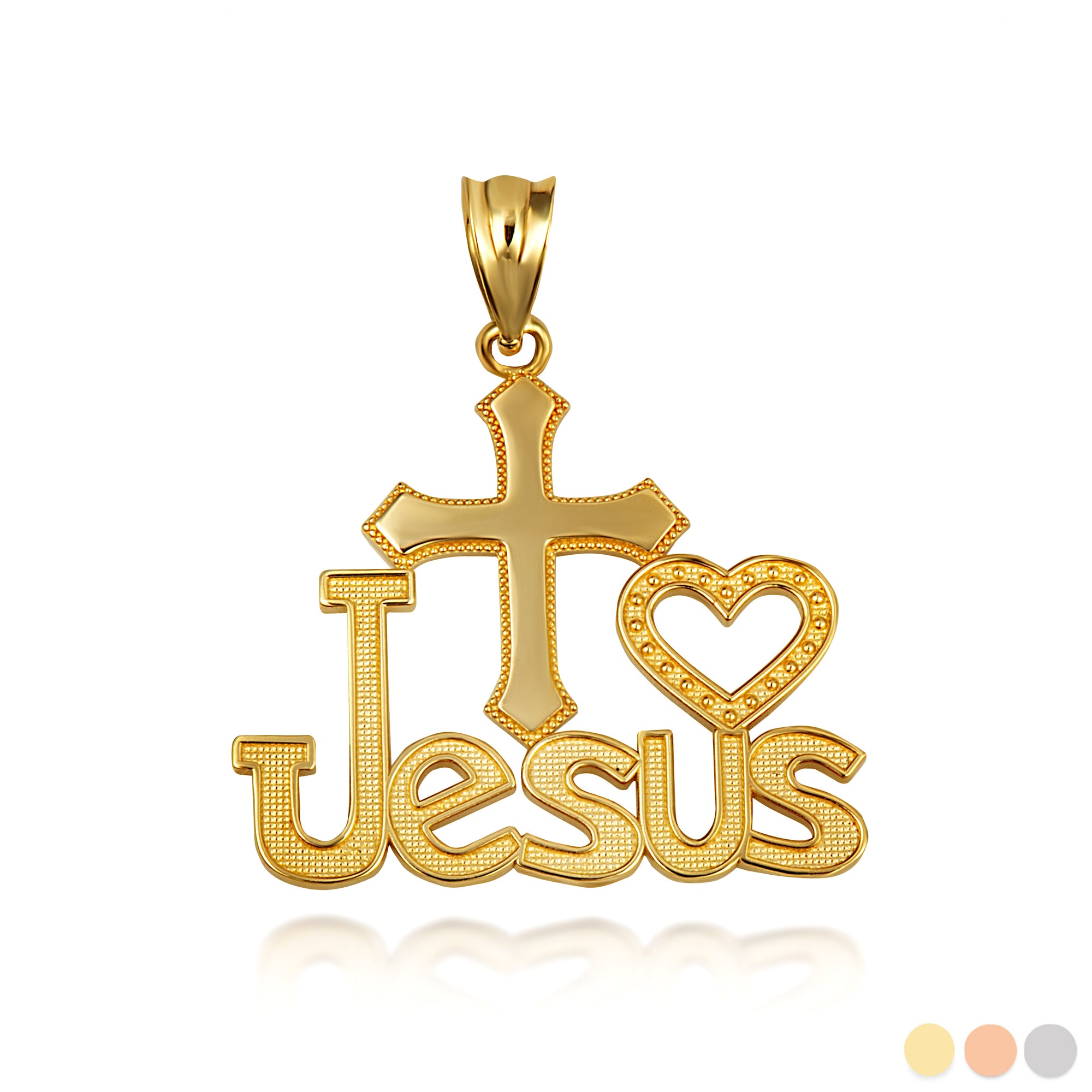 Solid Gold "I Love Jesus" Cross Heart Milgrain Pendant Necklace