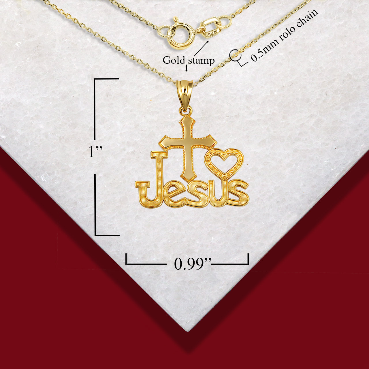 Solid Gold "I Love Jesus" Cross Heart Milgrain Pendant Necklace, view 4