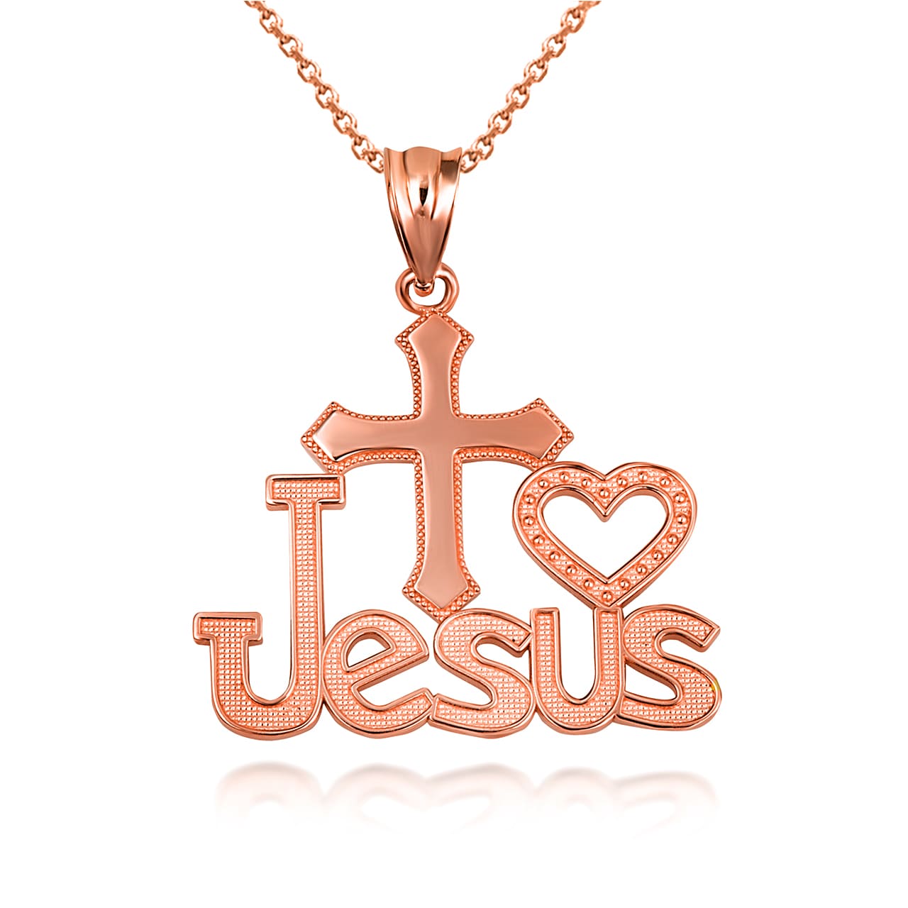 Solid Gold "I Love Jesus" Cross Heart Milgrain Pendant Necklace, view 6