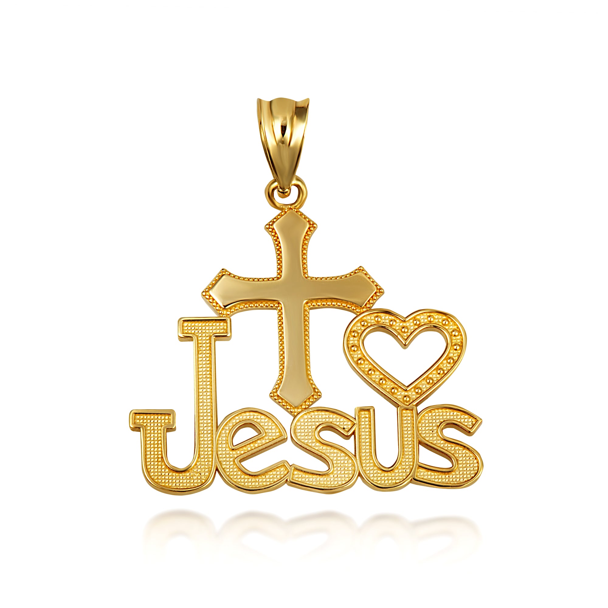 Solid Gold "I Love Jesus" Cross Heart Milgrain Pendant Necklace, view 9
