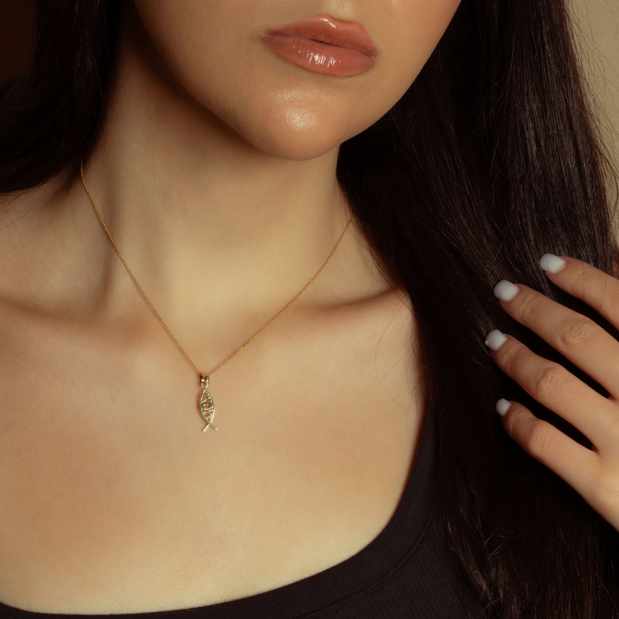 Solid Gold ichthus (ichthys) Greek Jesus Fish Pendant Necklace, view 2